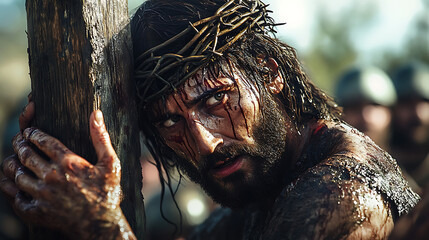 A close-up view of Jesus, His face etched with exhaustion and resolve, gripping the rugged wood of an old cross, hands of compassionate followers supporting Him,