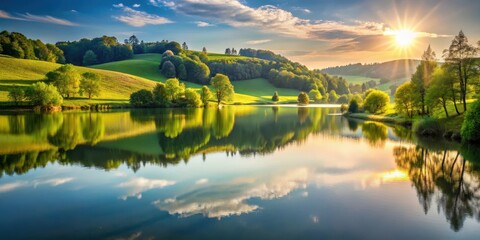 Fototapeta premium Serene lake in the rolling hills of a lush green countryside with trees surrounding it and the sun reflecting on its calm waters , nature scenery, reflection on water