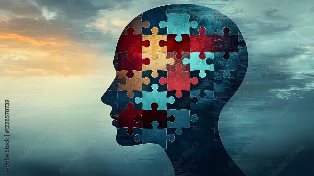 Poster conceptual side profile of a human head designed as a colorful puzzle piece mosaic symbolizing menta