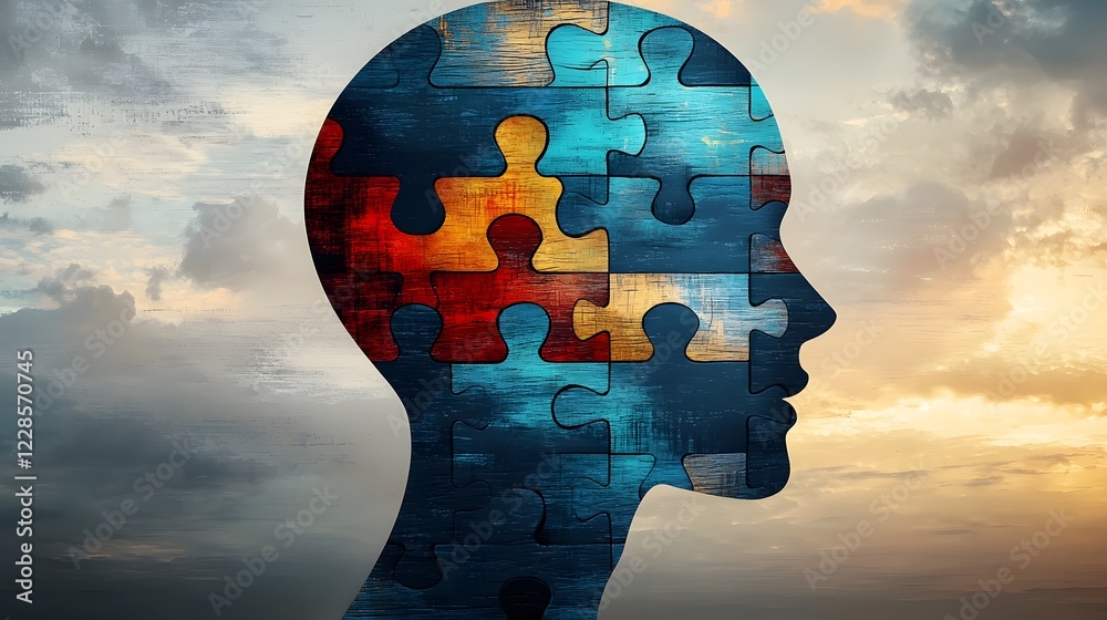 Poster puzzle head profile representing cognitive psychology and mental health challenges interlocking puzz