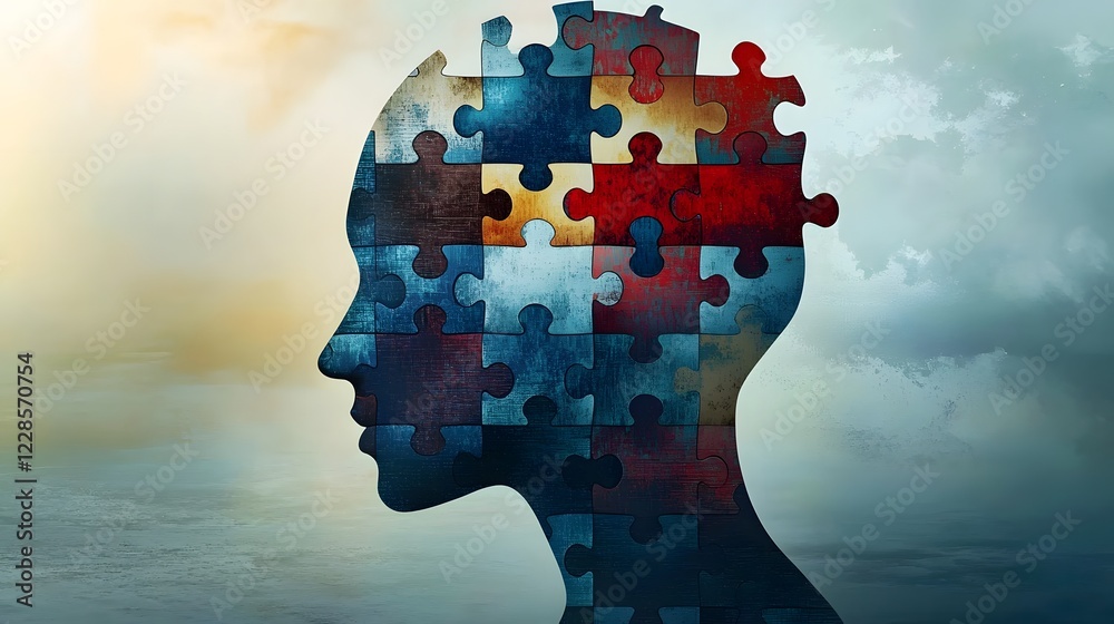 Aufkleber side profile of a human head designed as a colorful puzzle symbolizing mental health issues cognitiv