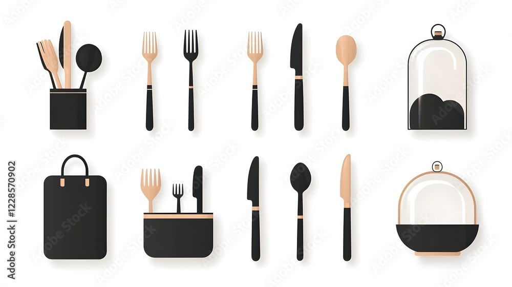 Poster minimalist icon set showcasing a collection of essential cutlery and tableware items including fork 