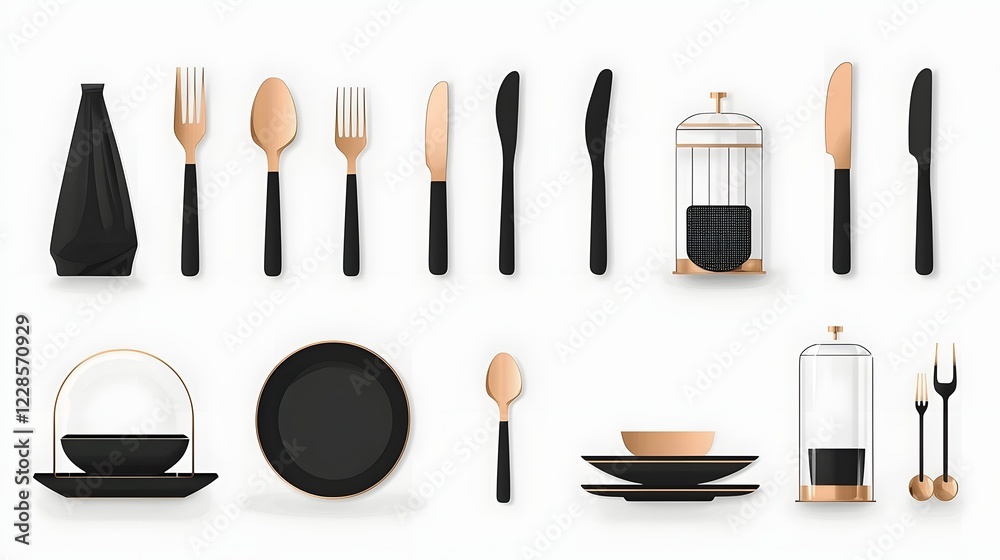 Poster minimalist icon set showcasing essential cutlery items including fork spoon knife plate and cloche d
