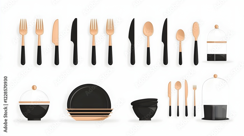 Poster minimalist and streamlined icon set showcasing essential cutlery items including fork spoon knife pl