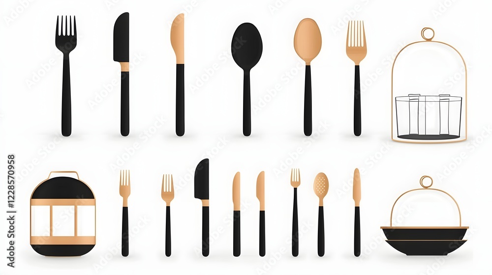 Poster set of sleek and minimal cutlery icons featuring essential elements such as fork spoon knife plate a