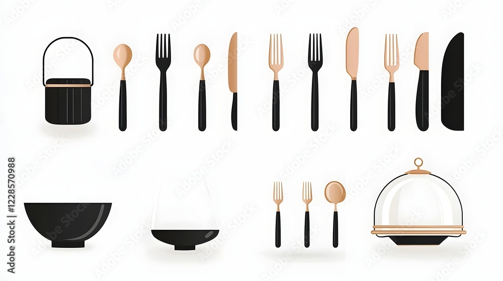 Poster modern and minimalist icon collection displaying a variety of cutlery items including forks spoons k