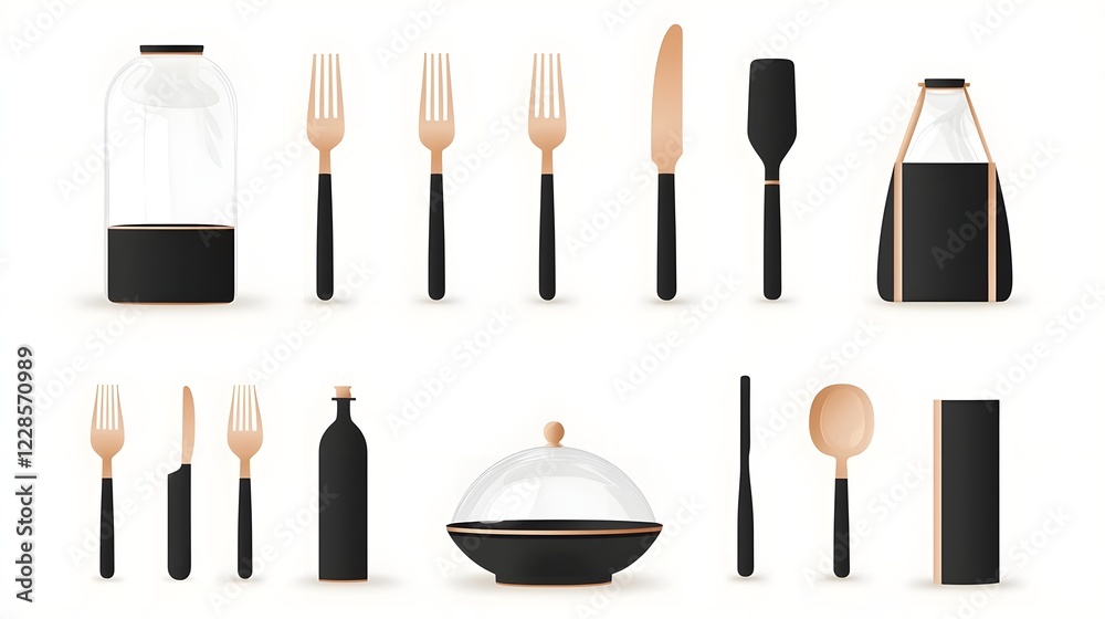Poster Set of sleek and minimal icons featuring cutlery essentials such as forks spoons knives plates and cloches on a neutral backdrop ideal for restaurant catering and dining concepts with sharp details