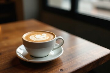 Aromatic Coffee Drink with Latte Art in a White Cup on a Wooden Table