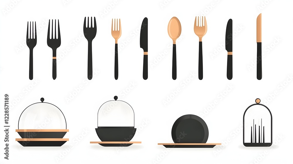 Poster a modern minimalist icon collection displaying a variety of cutlery items including a fork spoon kni