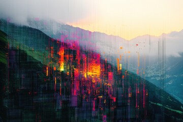 Digital disruption represented by glitch effects in natural elements with strobing light composition and technical perspective