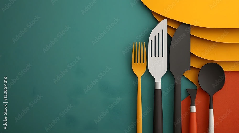 Poster stylish and minimalist catering icon set featuring a fork spoon knife and chef hat perfect for resta