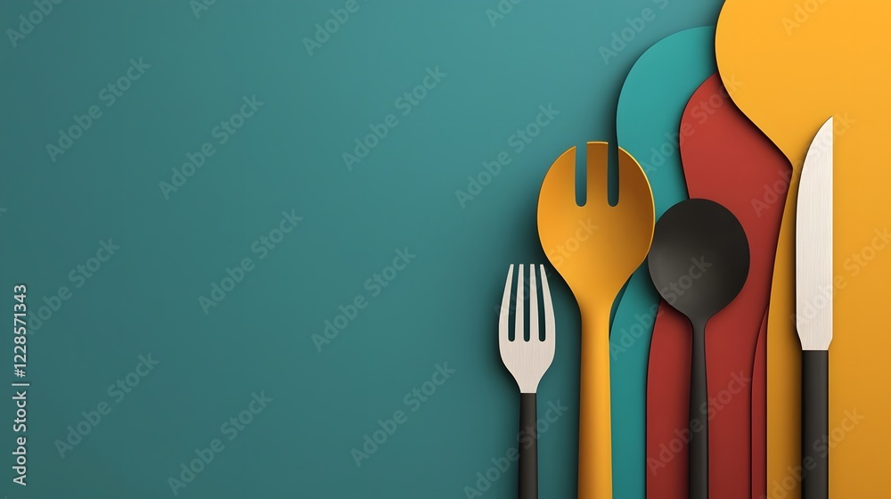 Poster stylish minimalist catering icon set showcasing a fork spoon knife and chef hat on a clean solid bac