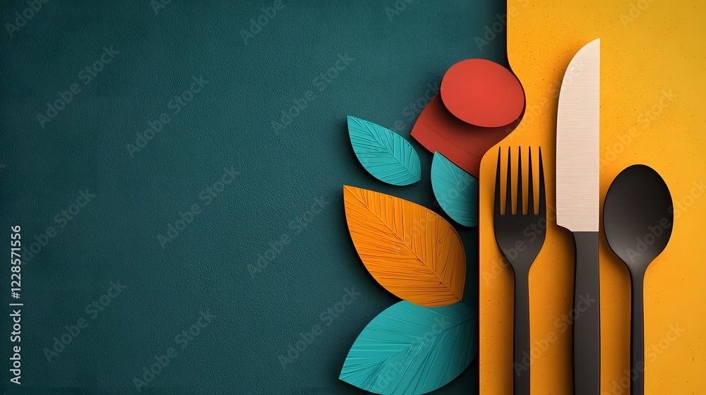 Poster Minimalist catering icon set featuring clean and modern graphics of a fork spoon knife and chef hat ideal for restaurant and cafe visuals on a simple neutral background with sharp clarity