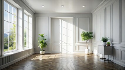 Obraz premium White Gray Room, Window Light, Shadow Photography, High Depth of Field, Natural Background, Interior Design, Minimalist Aesthetic