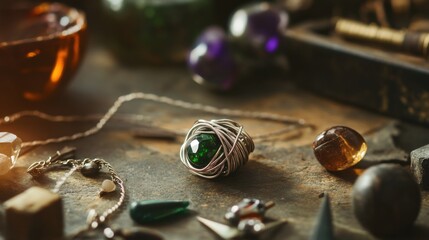 Scene of a wire wrapping setup. Featuring wire, gemstones, and a completed piece. Highlighting the craft of wire wrapping. Ideal for DIY and craft blogs.