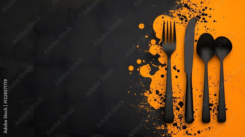 Poster Minimalist abstract design featuring catering icons including fork spoon knife and chef hat against a plain backdrop  Perfect for modern restaurant and cafe branding with crisp elegant details