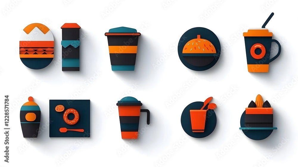 Fototapete comprehensive modern minimalist icon collection showcasing a range of plate food beverage and tablew
