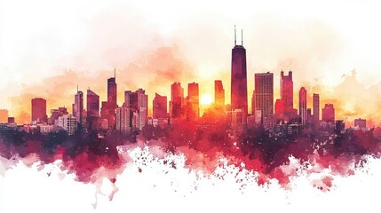 Obraz premium City Skyline at Sunset with Vibrant Watercolor Effect