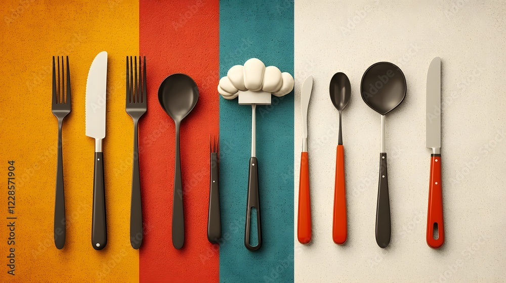 Poster minimalist and flat design icon set featuring essential cooking utensils tableware and chef headwear