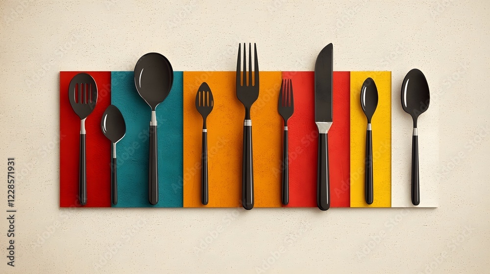 Poster flat design minimalist icon set featuring chef headwear and essential dining tools like spoons forks