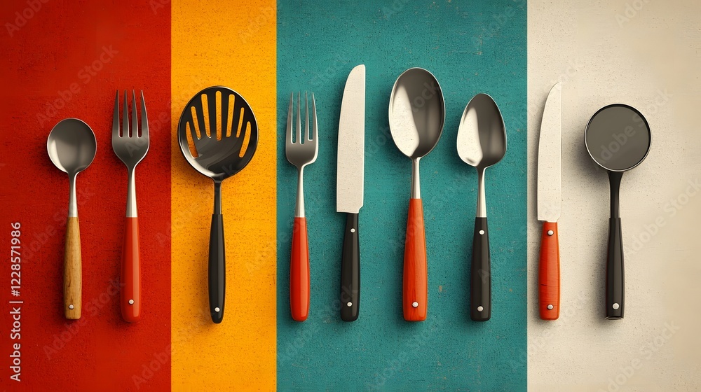Poster minimalist flat design icon set featuring essential chef headwear and dining tools like spoons forks