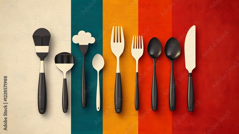 Poster minimalist catering icons set showcasing essential dining utensils such as spoons forks knives and c