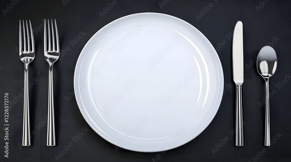 Poster Minimalist catering icons displaying a fork spoon and plate designed in a sleek contemporary style perfect for restaurant cafe and dining related visuals on a clean backdrop with sharp details