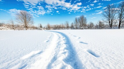 Fototapeta premium Winter wonderland scenic snow path footprints trail in snowy field landscape