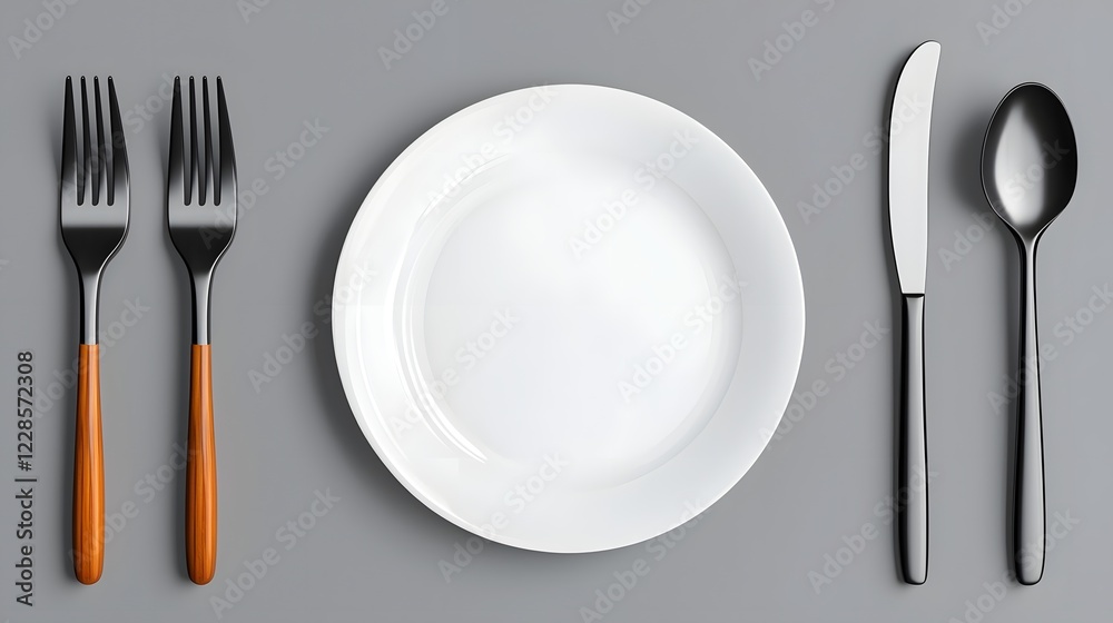 Poster stylized minimalist icons of plate fork and spoon in a simple monochrome design suitable for restaur