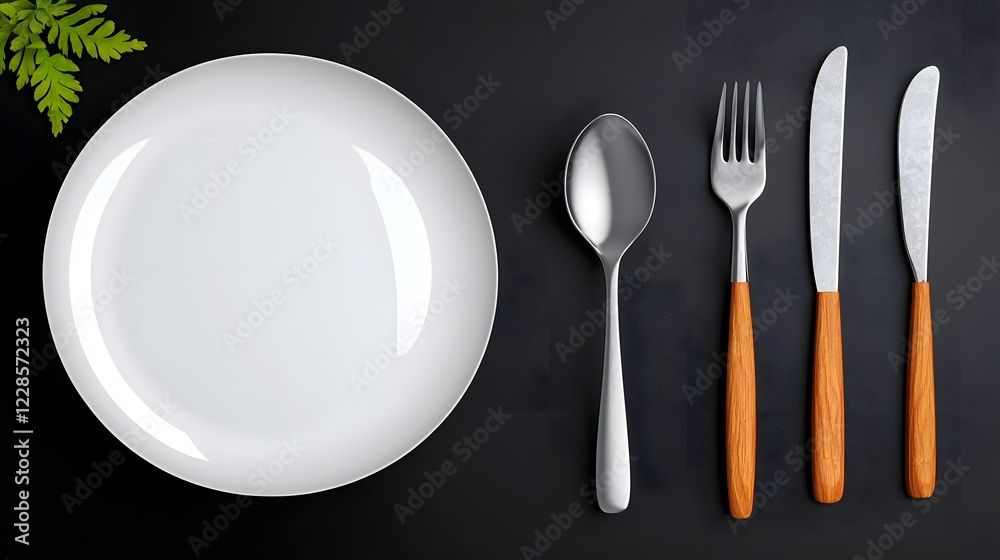 Aufkleber Modern catering icon collection showcasing a fork spoon and plate in a simple and stylized minimalist design suitable for restaurant cafe menus and branding on a plain black background