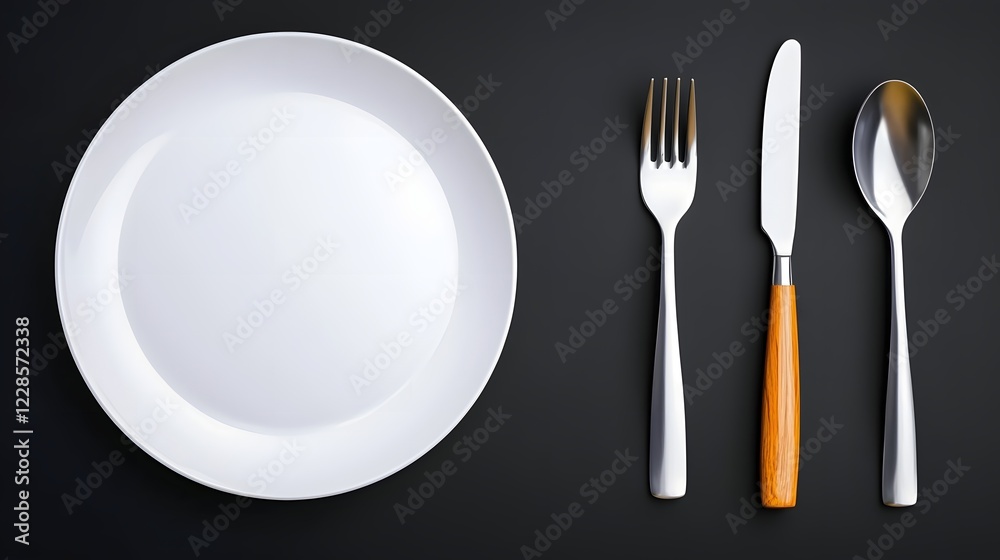 Poster Minimalist catering icon collection showcasing a fork spoon and plate in a simple and stylized design suitable for restaurant cafe and menu branding on a plain black and white background