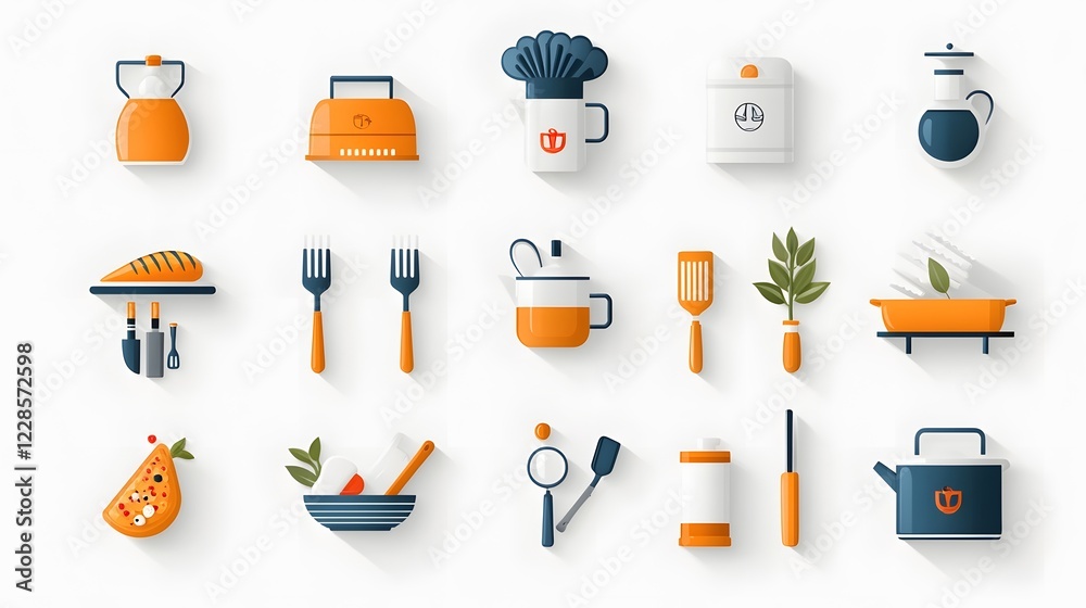 Poster detailed icon set showcasing a wide collection of catering and culinary elements such as chef hat fo