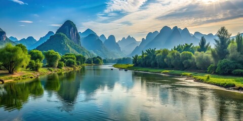 Fototapeta premium Serene riverbank scenery with the Passer River winding its way through lush greenery and towering mountain peaks in the background, nature, mountains