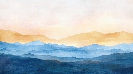 Serene Watercolor Landscape of Rolling Mountains at Sunrise Glow