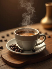 Close-Up of a Steaming Coffee Cup in a Cozy Minimalist Setting &ndash; Aesthetic Warm Tones, Wooden Table, and Coffee Beans in Extreme Detail, Capturing Rich Aromas and Indulgence in Stunning