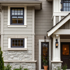 Fototapeta premium Elegant Modern Home Exterior Design: Grey Facade with Stone Accents and Black Windows. Luxury Real Estate Property showcasing beautiful architectural details.