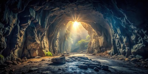 Dark cave interior with a shaft of light illuminating the rocky floor and walls, creating an otherworldly ambiance, mysterious passageway, passageway, mysterious