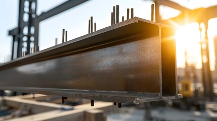 Fototapeta premium Carefully Positioned Polished Steel Beam Being Lifted into Place at Construction Site with Bright Sunlight Highlighting the Essence of Strength and Transformation in Contemporary Architecture