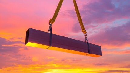 Fototapeta premium Powerful industrial crane lifting a heavy steel beam high into the air against a vibrant dramatic sunset sky in the background symbolizing progress strength