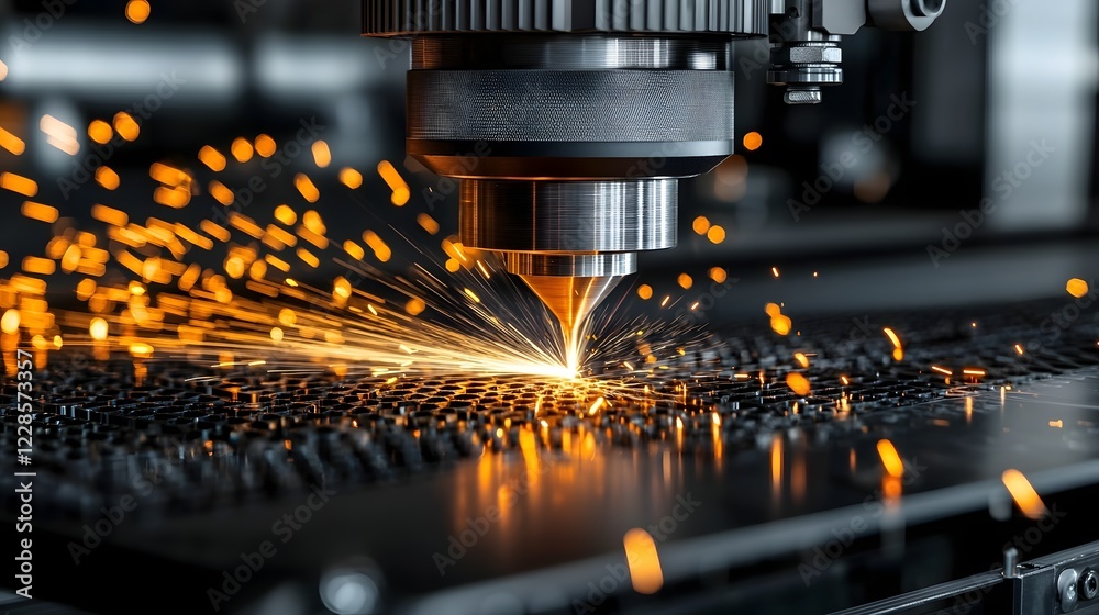 Poster Focused image of a CNC machine s laser cutting through metal with precision and speed highlighting the sparks and intensity of the advanced manufacturing technology and efficient industrial process