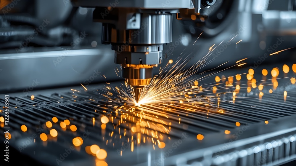 Poster Focused image of a CNC machine s laser cutting through metal with precision and speed highlighting the sparks and efficiency of advanced manufacturing technology