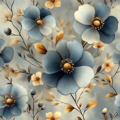 Abstract Floral Watercolor Pattern Geometric Design Modern Nordic Print with Gray Background and Gold Accents