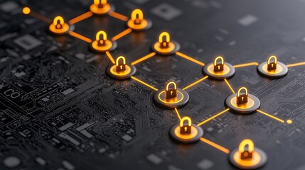 Secure Network Data Protection Illuminated Padlocks Connected on Circuit Board
