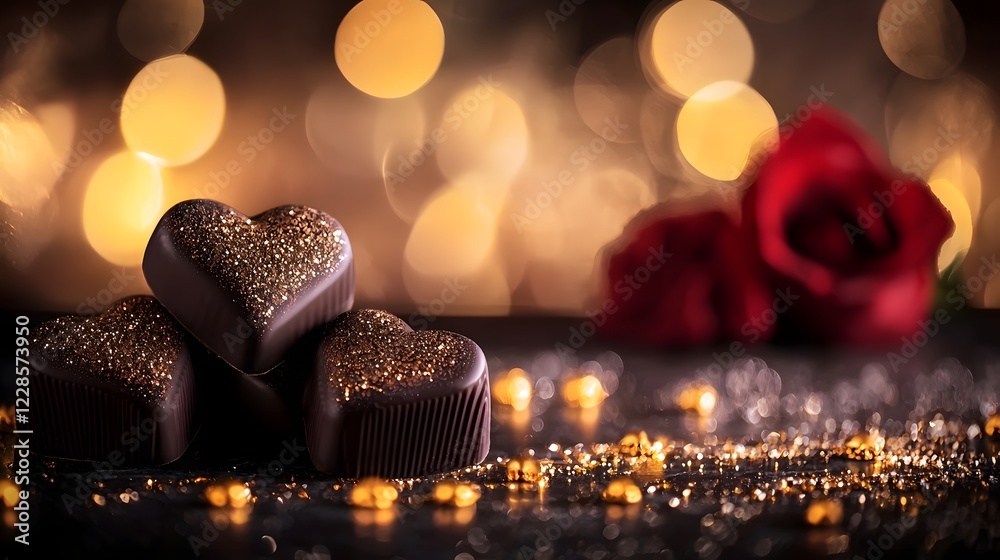 Poster close up of elegantly arranged heart shaped chocolate pralines with a glossy tempting finish placed 