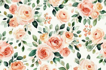 Soft Pastel Floral Pattern with Roses and Greenery Background