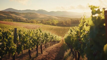 Naklejka premium Vineyard rows extend into the distant rolling hills at sunset creating a beautiful landscape