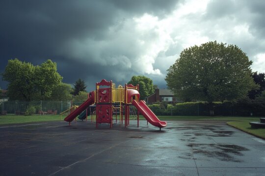 Empty playground after rain with wide establishing shot composition and brooding storm clouds on dramatic sky