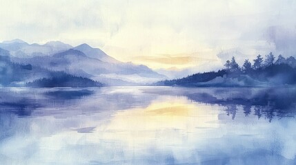 Serene Watercolor Landscape with Mountains and Calm Lake Reflection