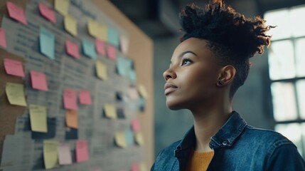 Person standing in front of a job listings board, scanning opportunities with a focused expression. The scene conveys the pursuit of career advancement and the search for meaningful employment.