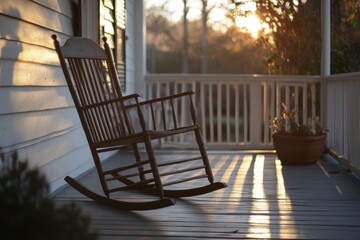 Empty rocking chair on porch with symmetrical composition composition and golden hour on leading lines